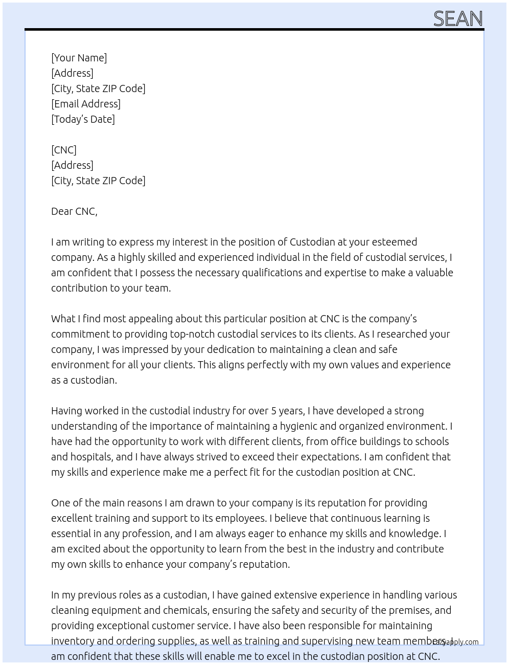 Custodian At CNC Cover Letter