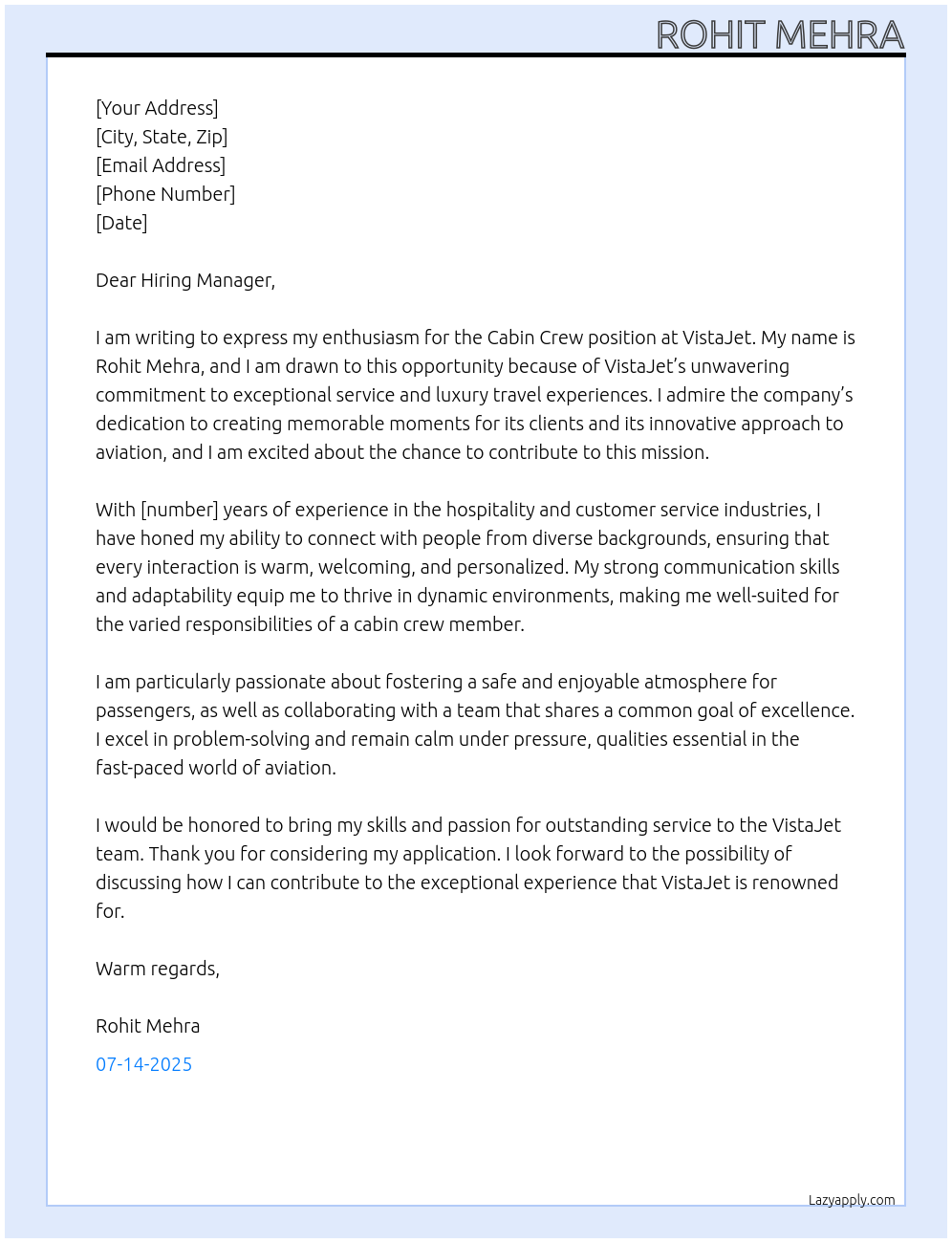 Cabin Crew At VistaJet Cover Letter