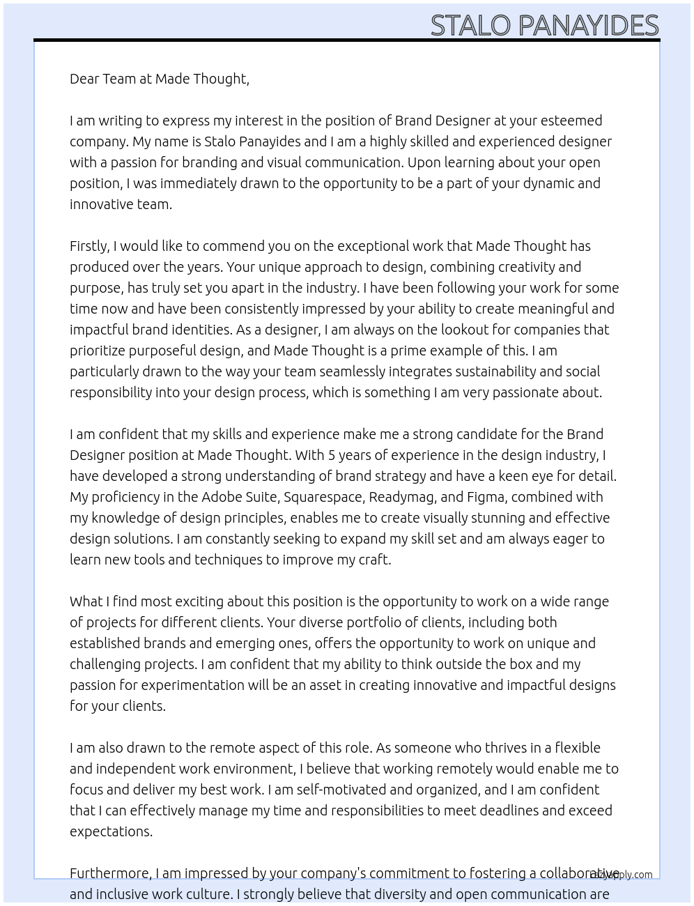 Brand designer At Made Thought Cover Letter