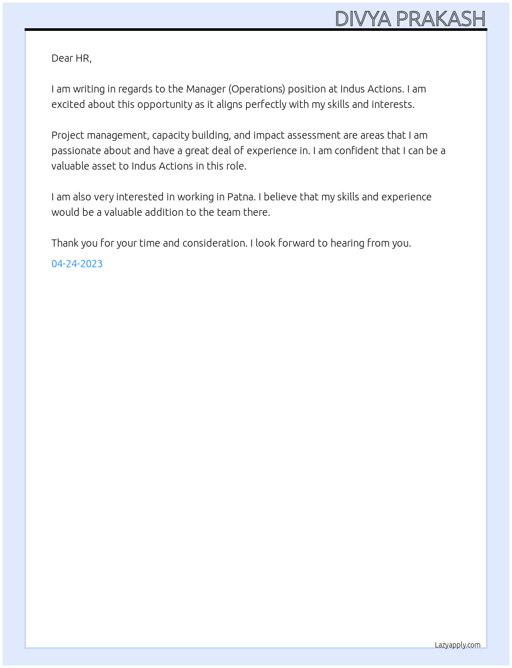 Manager (Operations) At Indus Actions Cover Letter