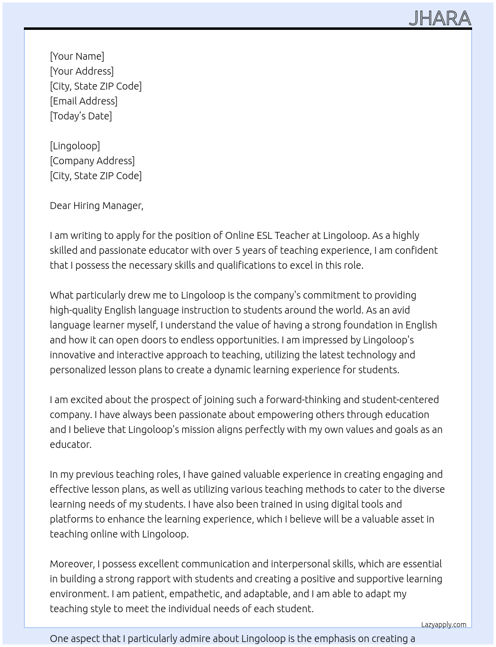 ONLINE ESL TEACHER At Lingoloop Cover Letter