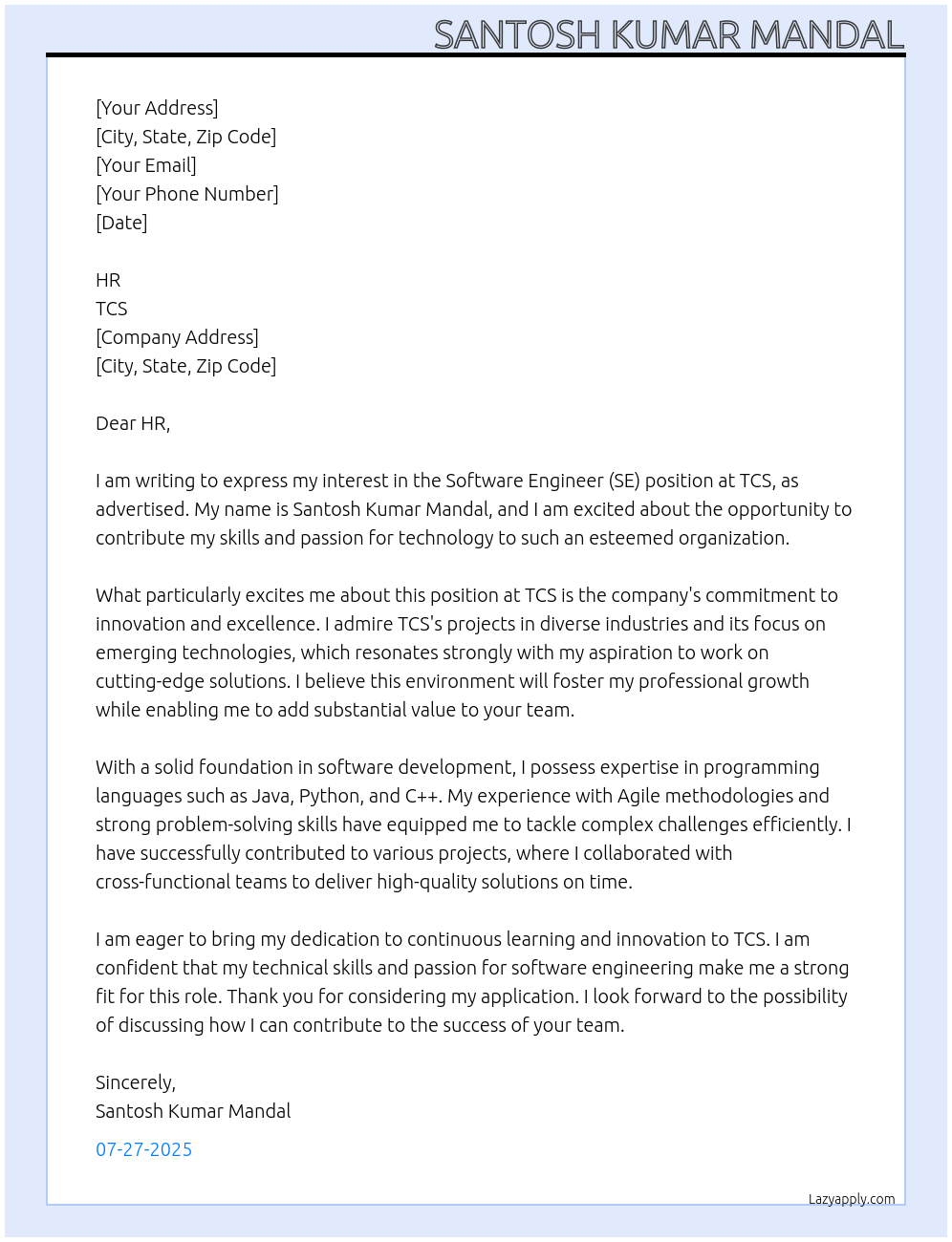 SE At TCS Cover Letter