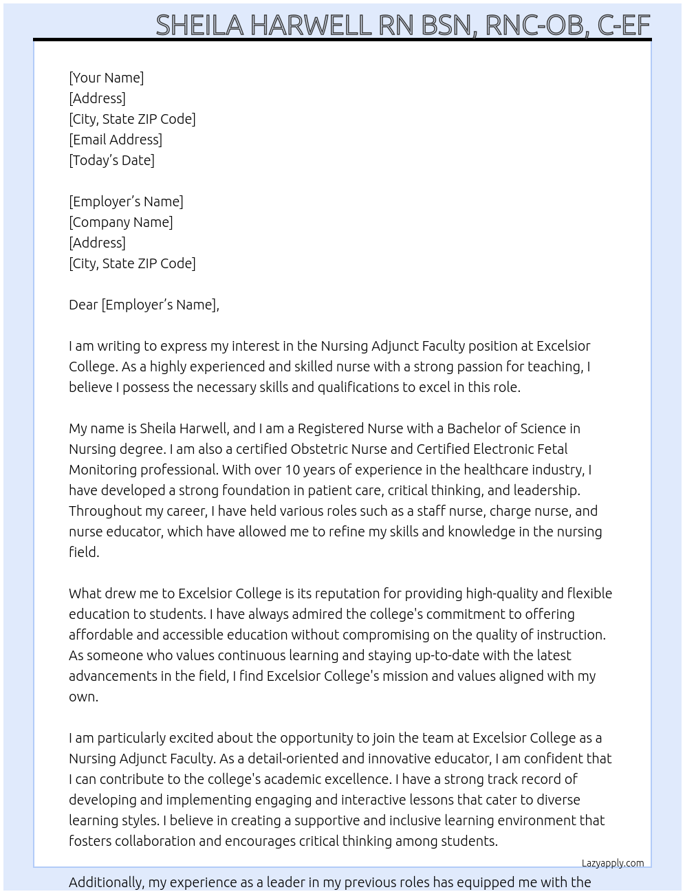 Nursing Adjunct Faculty At Excelsior College Cover Letter