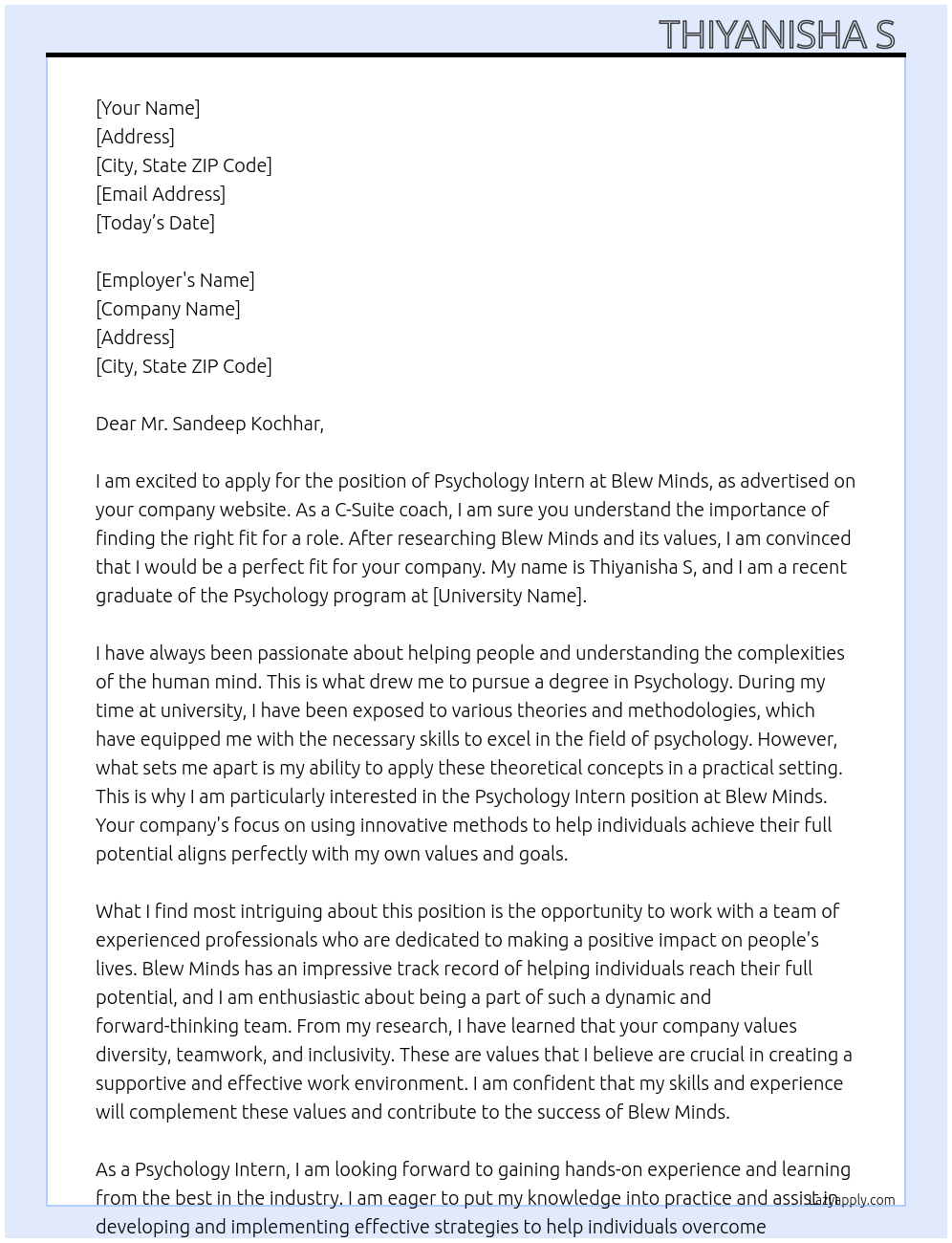 Psychology intern  At Blew minds Cover Letter