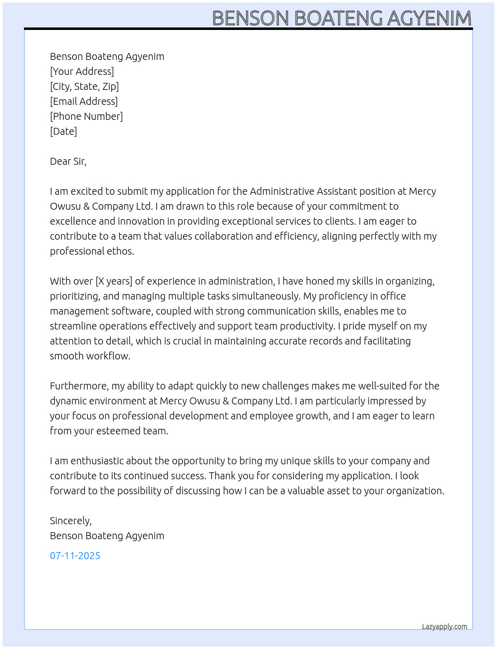 Administrative Assistant At Mercy Owusu & Company Ltd Cover Letter