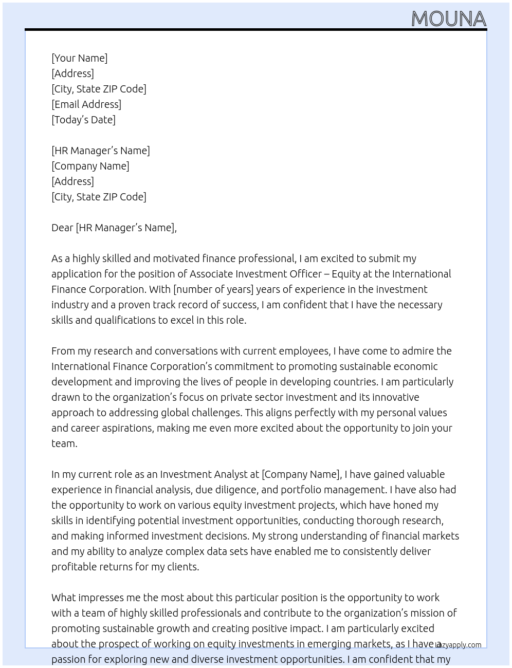 Associate Investment Officer - Equity At International Finance Corporation Cover Letter