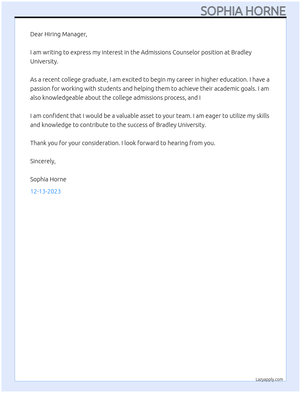 Admissions Counselor At Bradley University Cover Letter