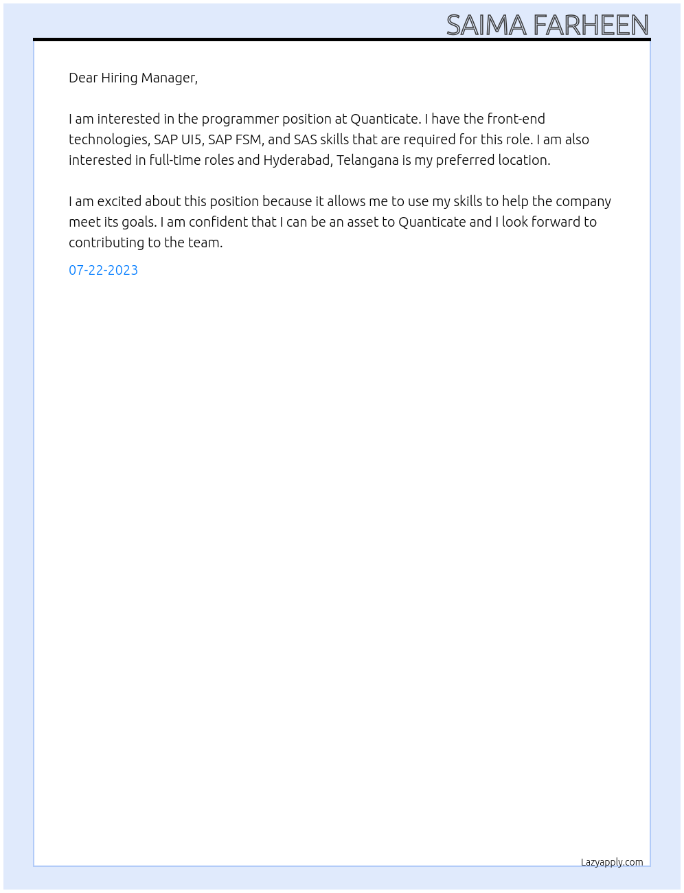 Programmer At Quanticate Cover Letter