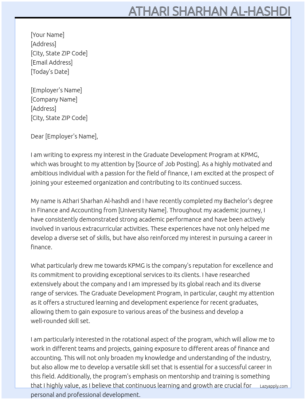 graduate development program At KPMG Cover Letter