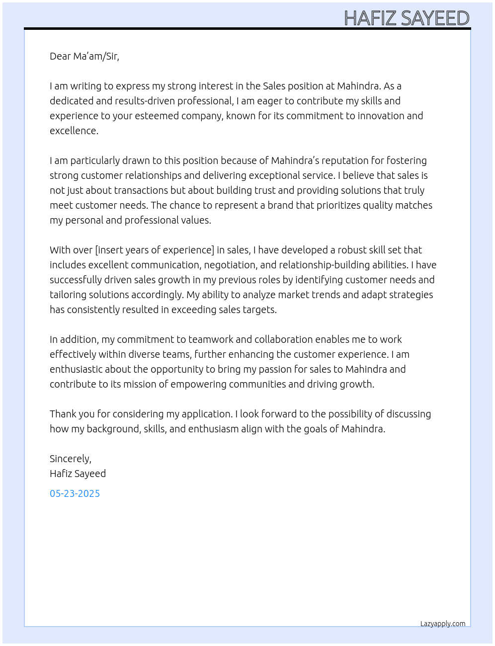 Sales At Mahindra  Cover Letter