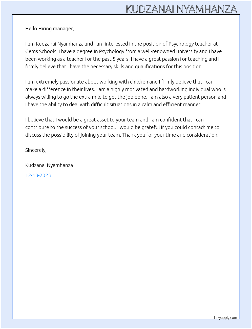 Psychology teacher At Gems Schools Cover Letter