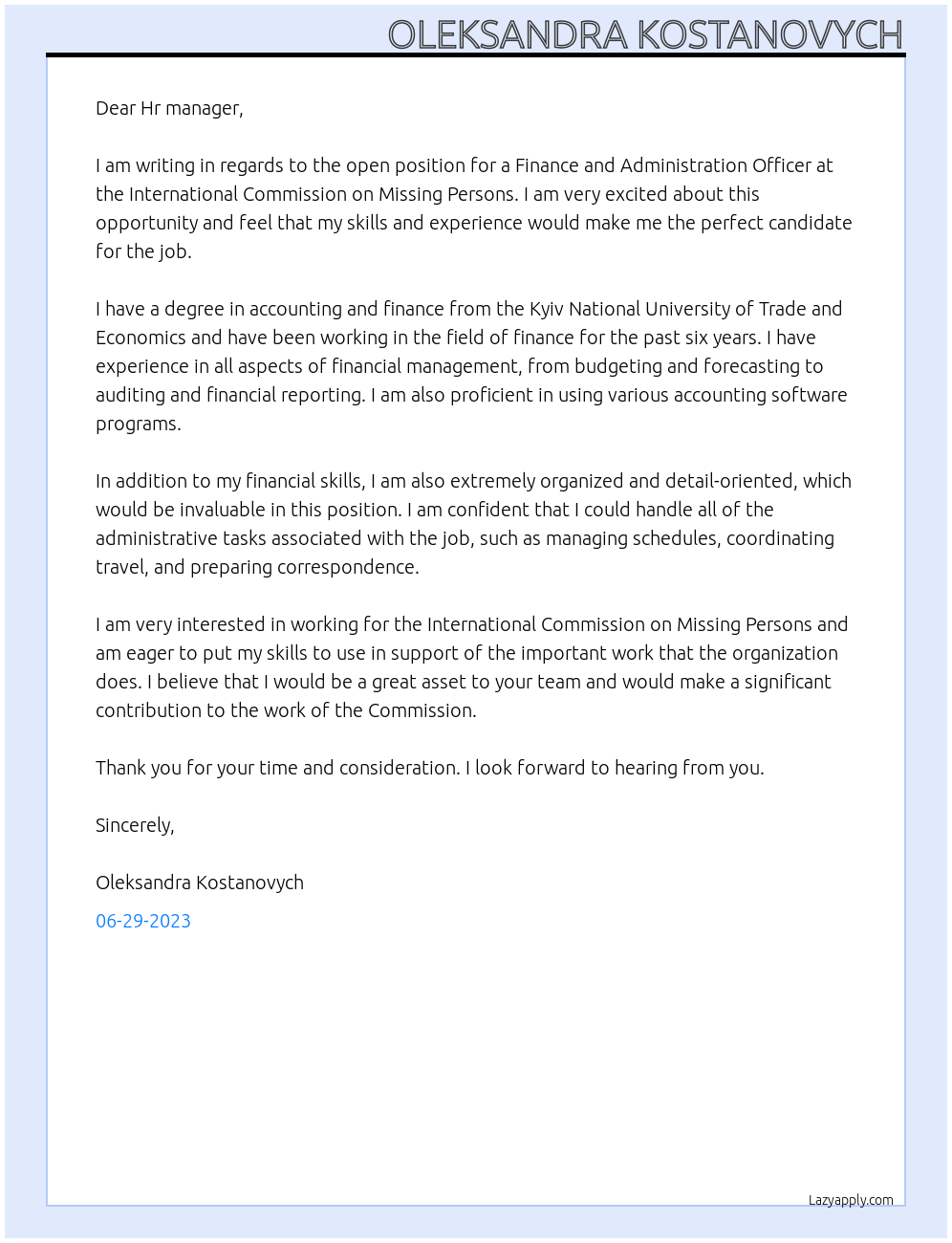 Finance and Administration Officer At International Commission on Missing Persons Cover Letter
