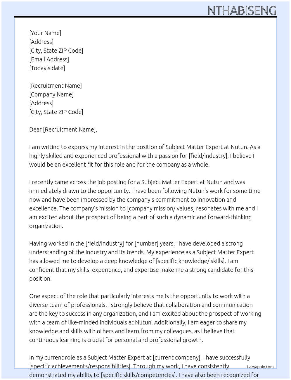 Subject matter expert At Nutun Cover Letter