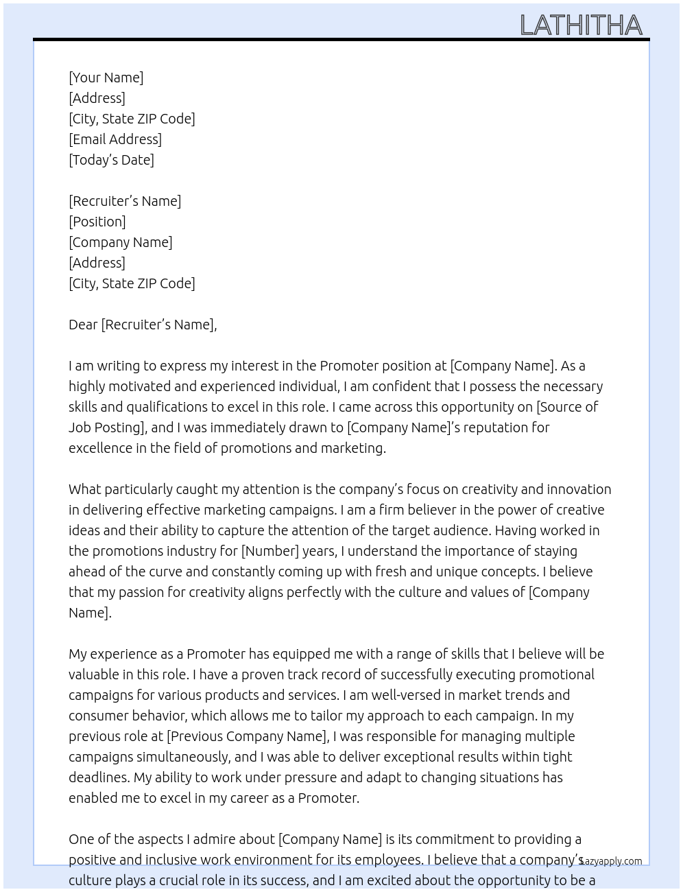 Promoter  At Promotion agency Cover Letter