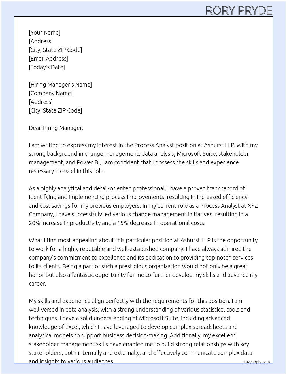 Process Analyst At Ashurst LLP Cover Letter