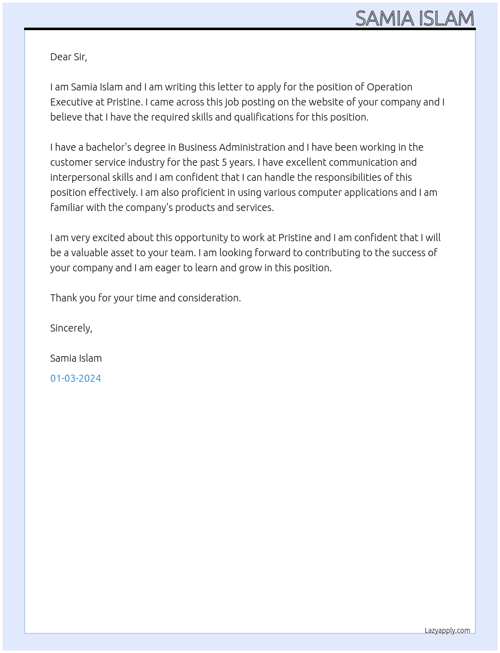 Operation Executive At Pristine Cover Letter