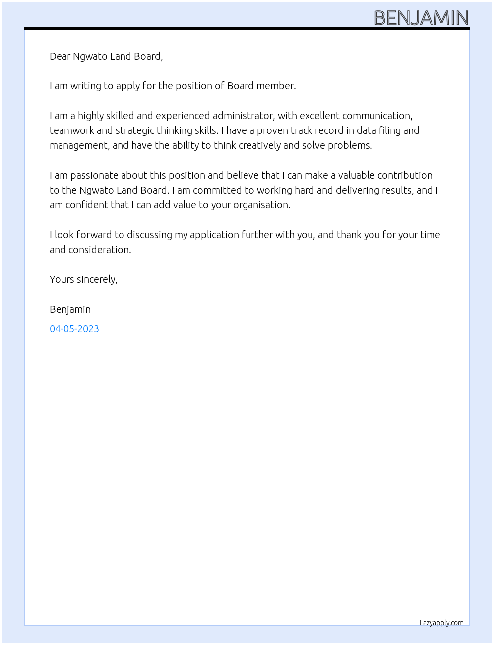 Board member At Ngwato Land Board Cover Letter