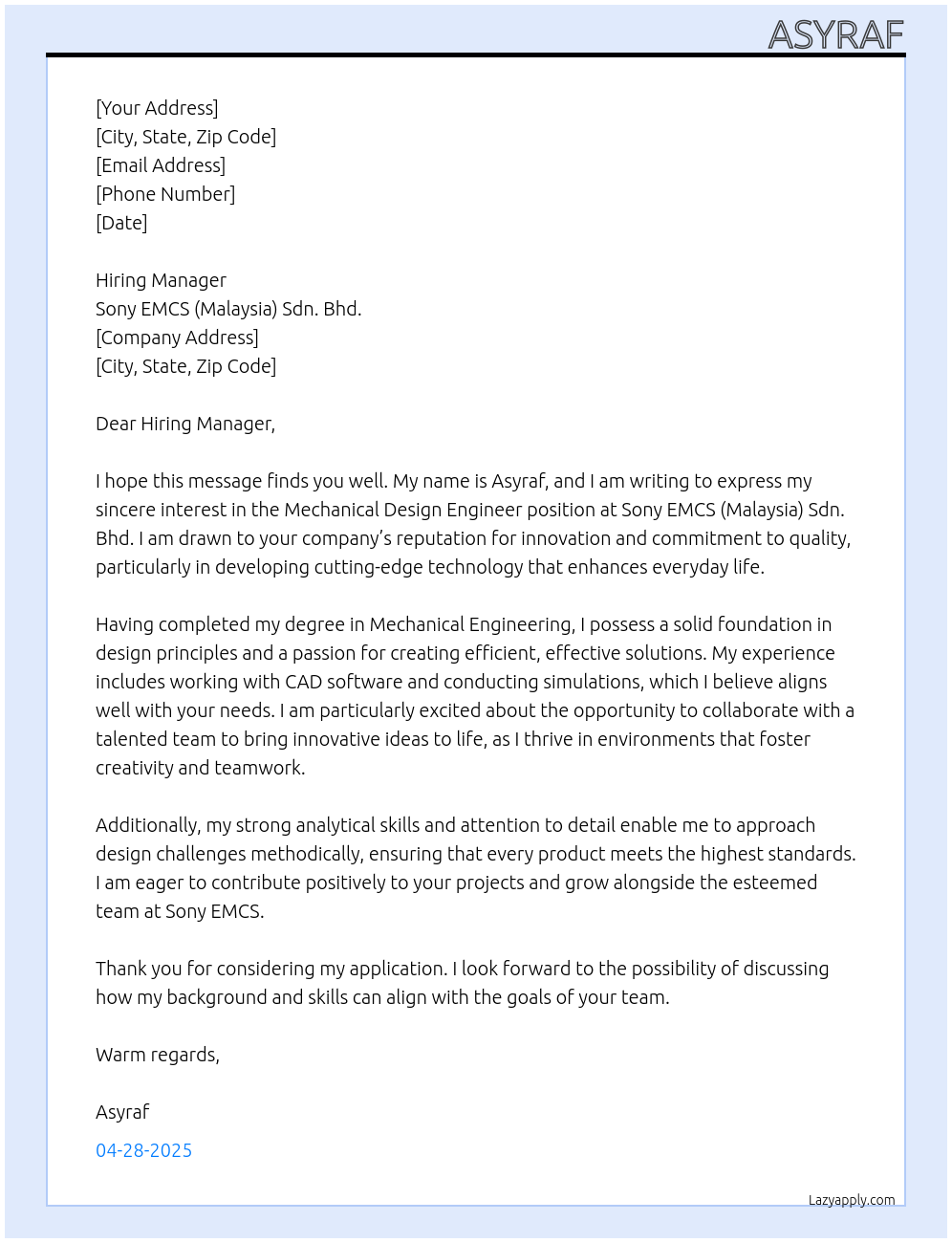 Mechanical Design Engineer At Sony EMCS (Malaysia) Sdn. Bhd Cover Letter