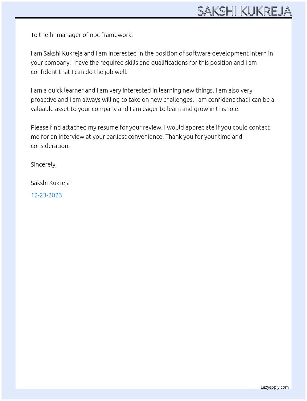 Software development intern At nbc framework Cover Letter