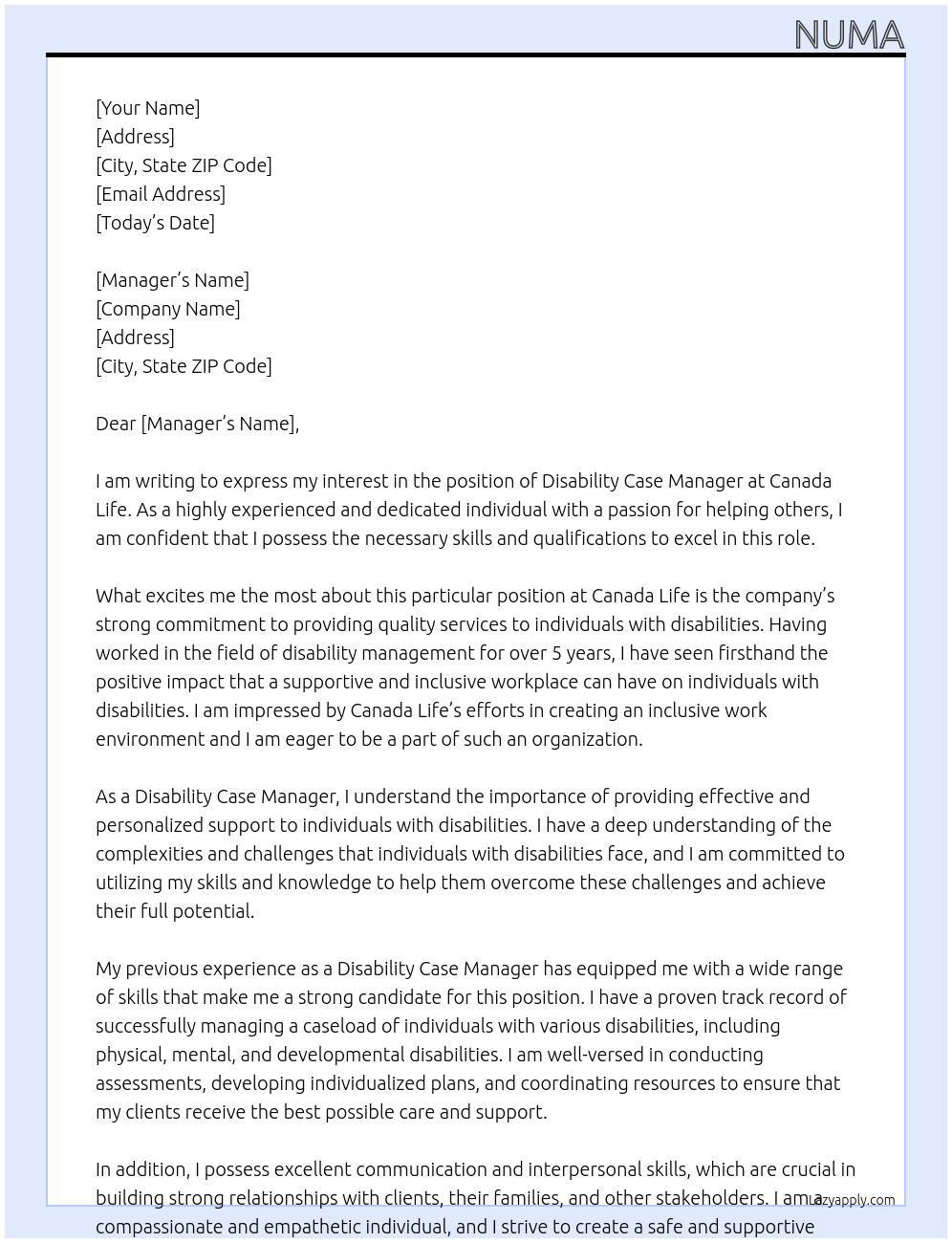disability case manager At canada life Cover Letter