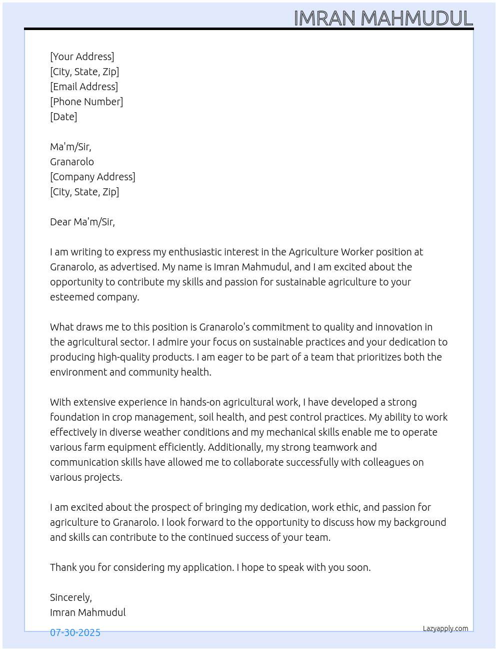 Agriculture Worker At Granarolo Cover Letter