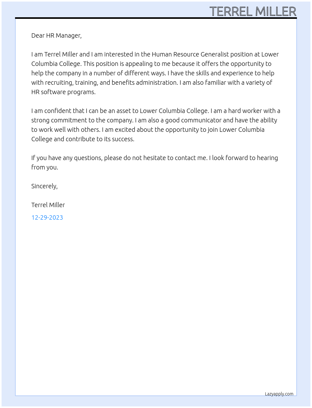 Human Resource Generalist At Lower Columbia College Cover Letter
