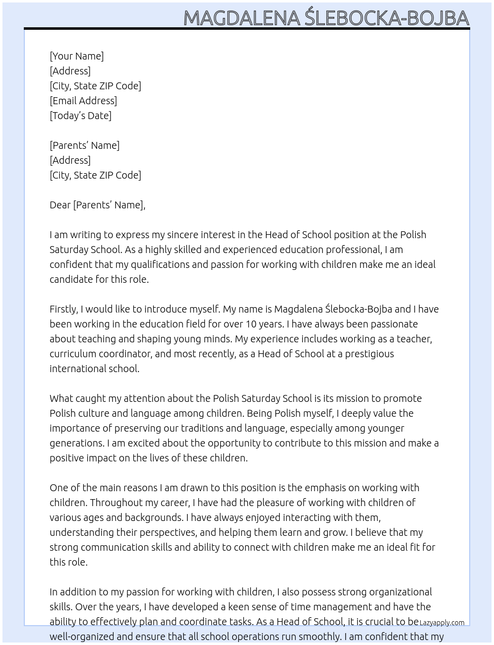 Head of school At Polish saturday school Cover Letter