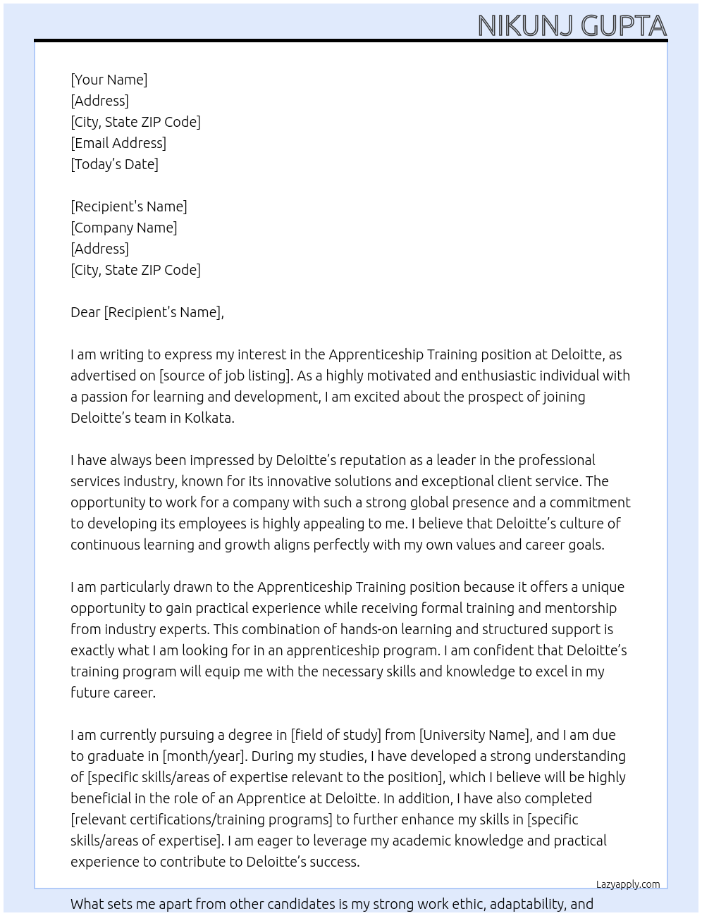 Cover letter for apprenticeship training - LazyApply