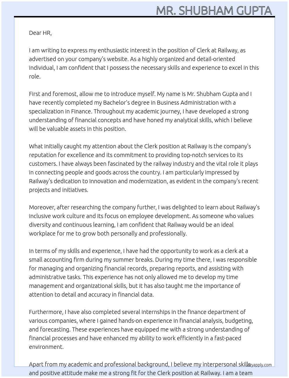 Clerk At Railway  Cover Letter