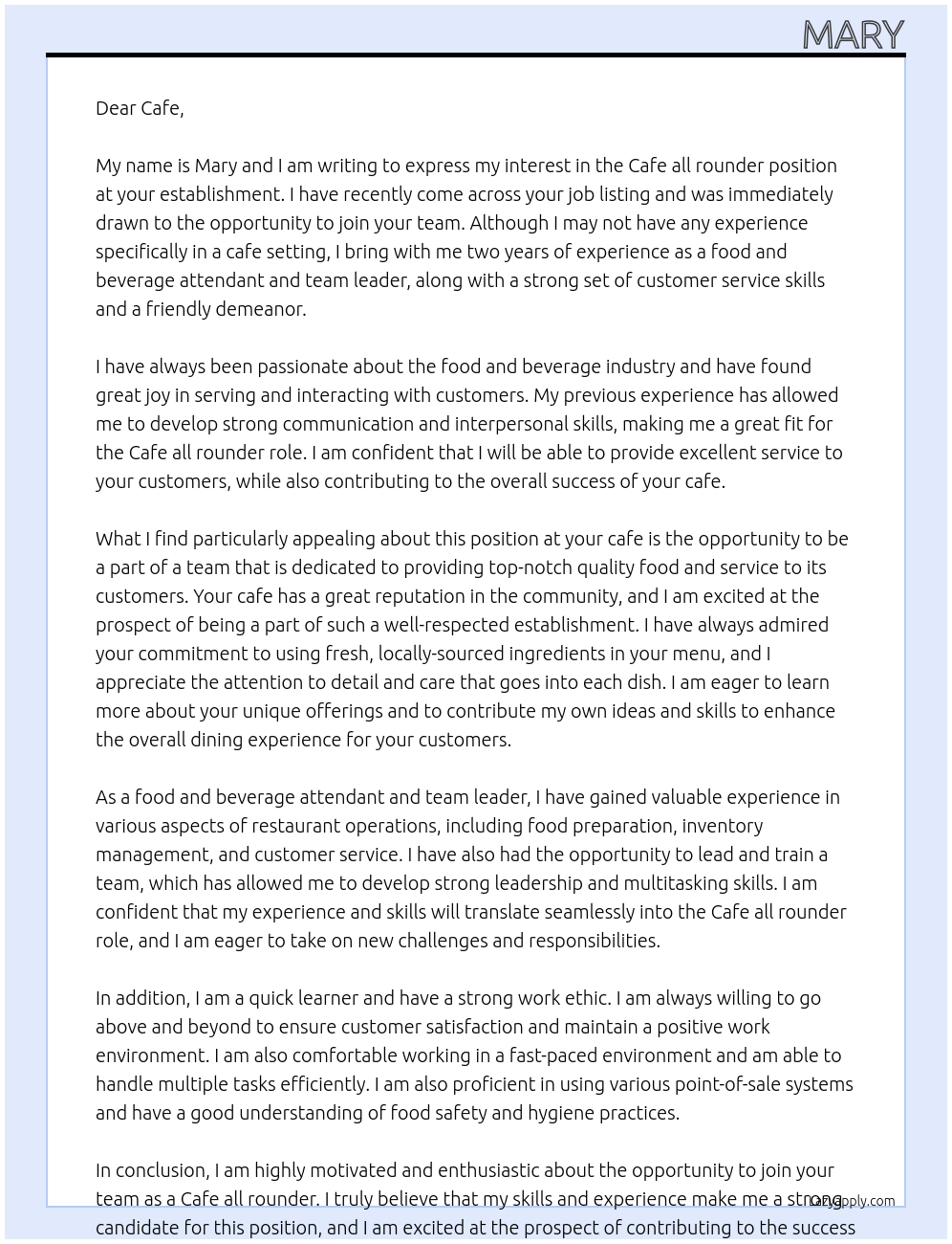 Cafe all rounder At Cafe Cover Letter