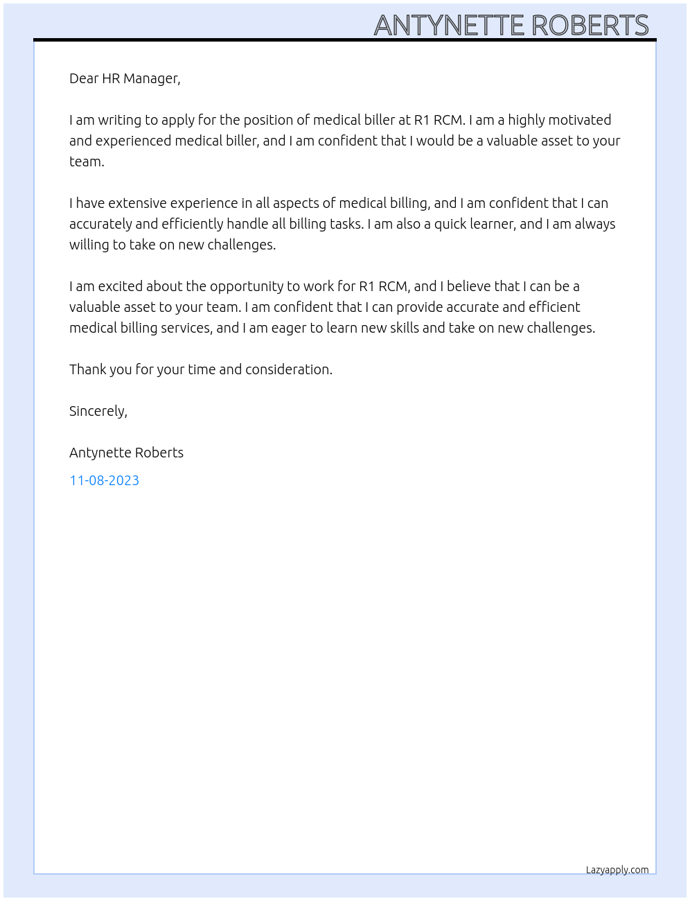 Medical biller At R1 RCM Cover Letter