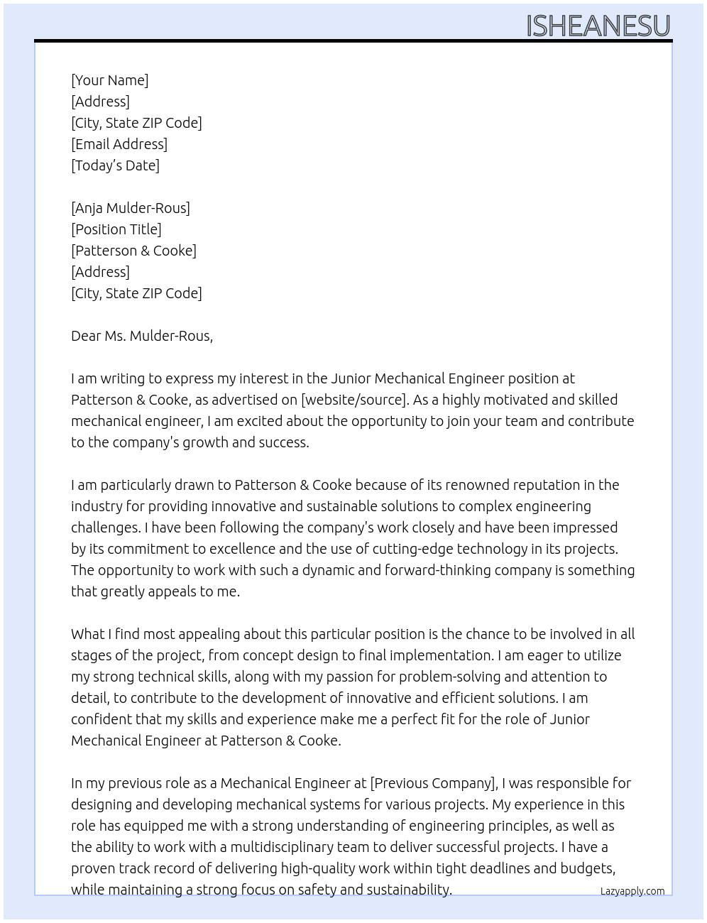 Junior Mechanical Engineer At Patterson & Cooke Cover Letter