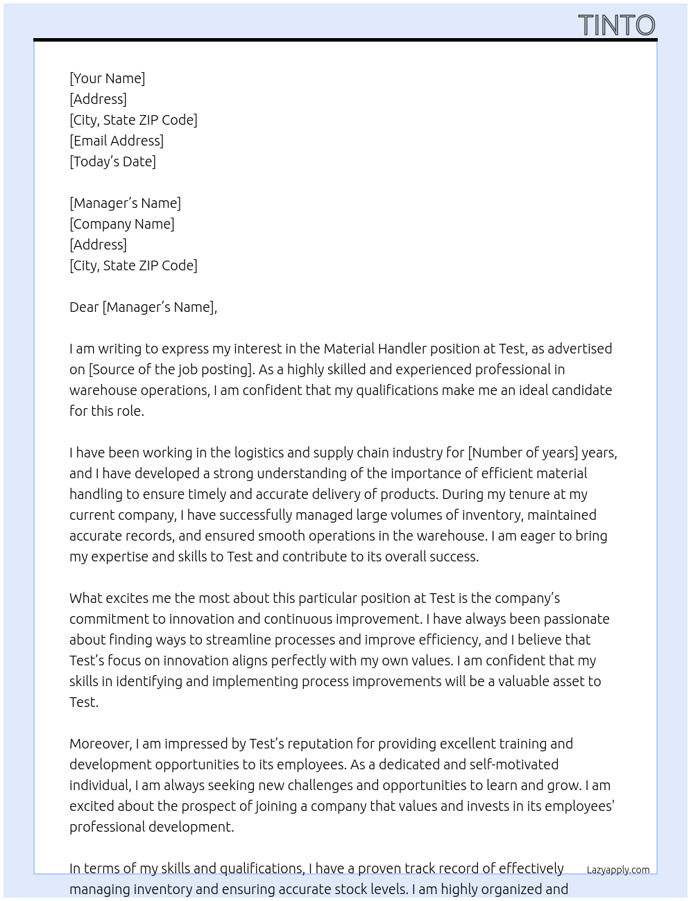 material handler At Test Cover Letter