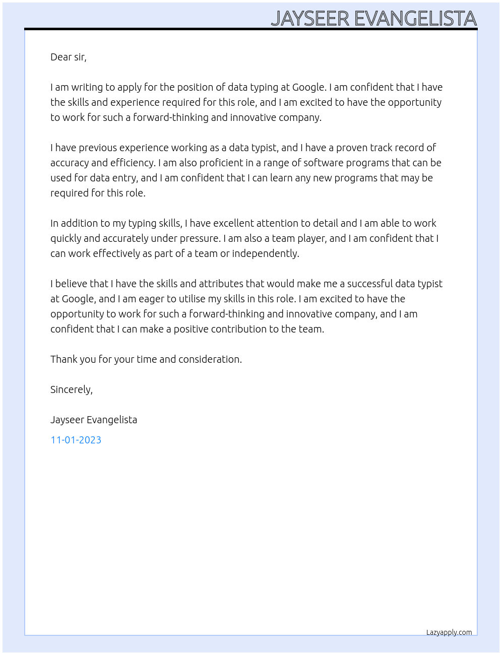 data typing At google Cover Letter