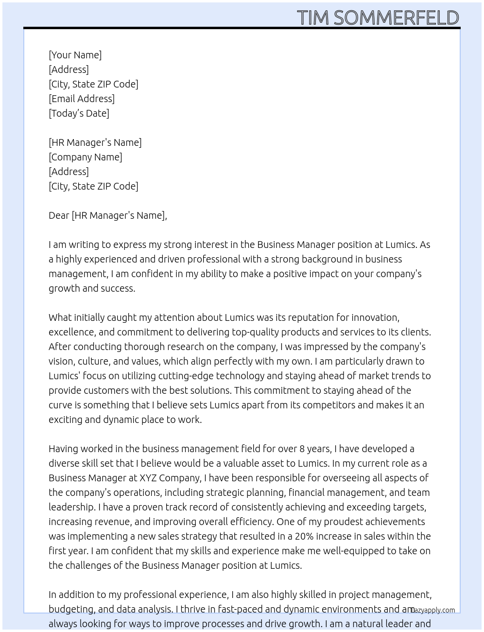 Business Manager At Lumics Cover Letter