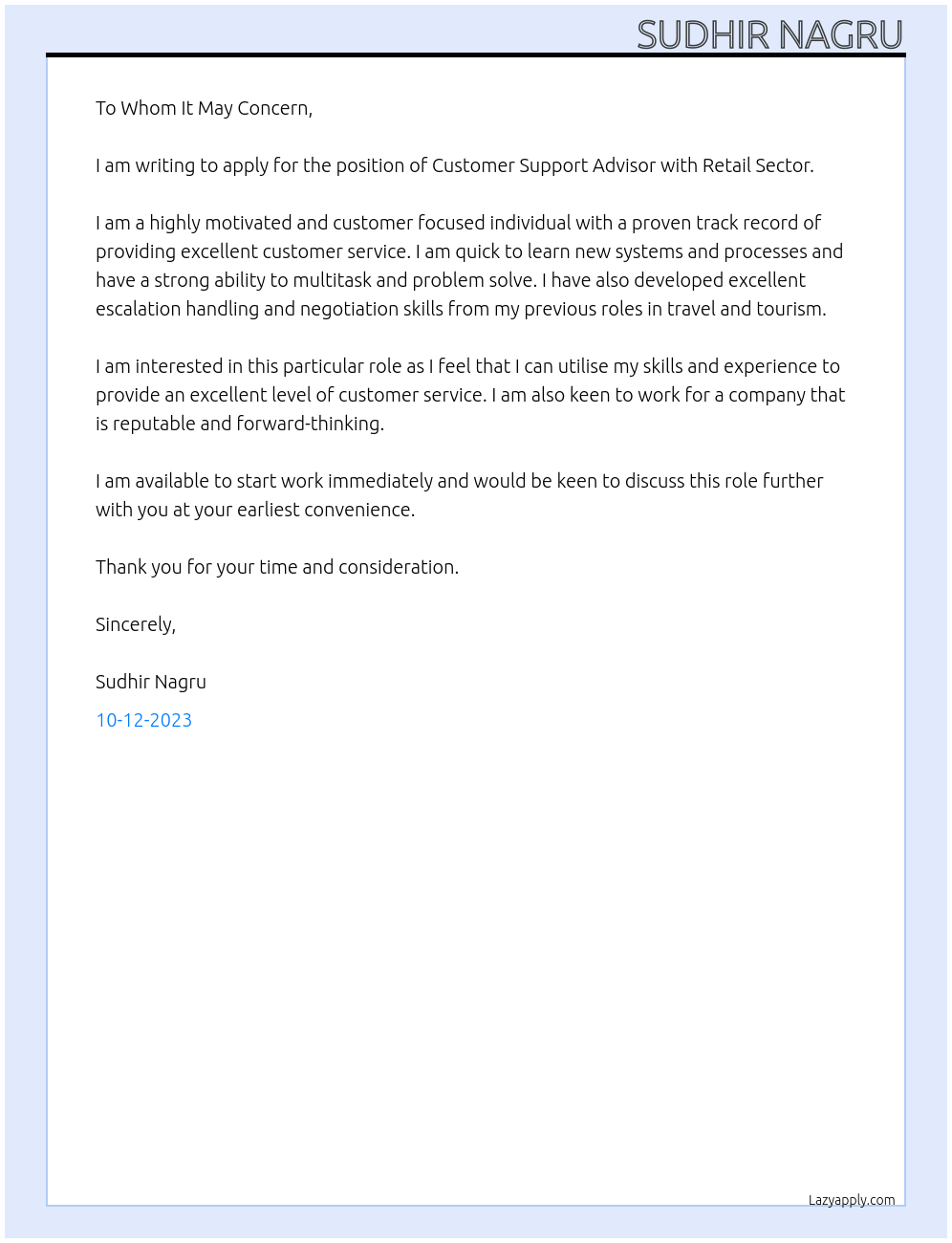 Customer Support Advisor At Retail Sector Cover Letter