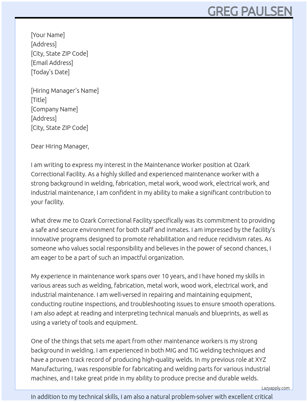 Maintenance worker At Ozark Correctional Facility Cover Letter