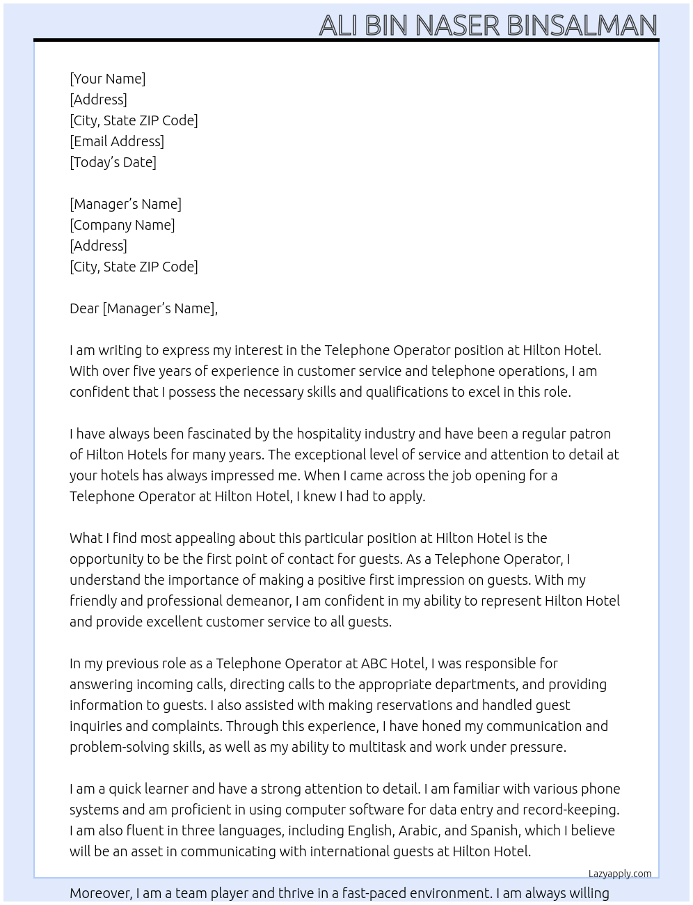 Telephone operator At Hilton Hotel Cover Letter