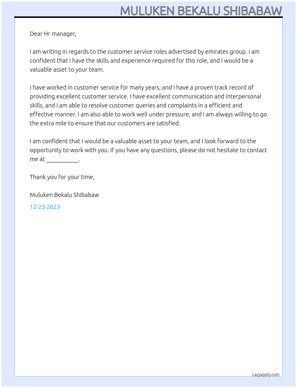 Customer Service Roles At emirates group Cover Letter