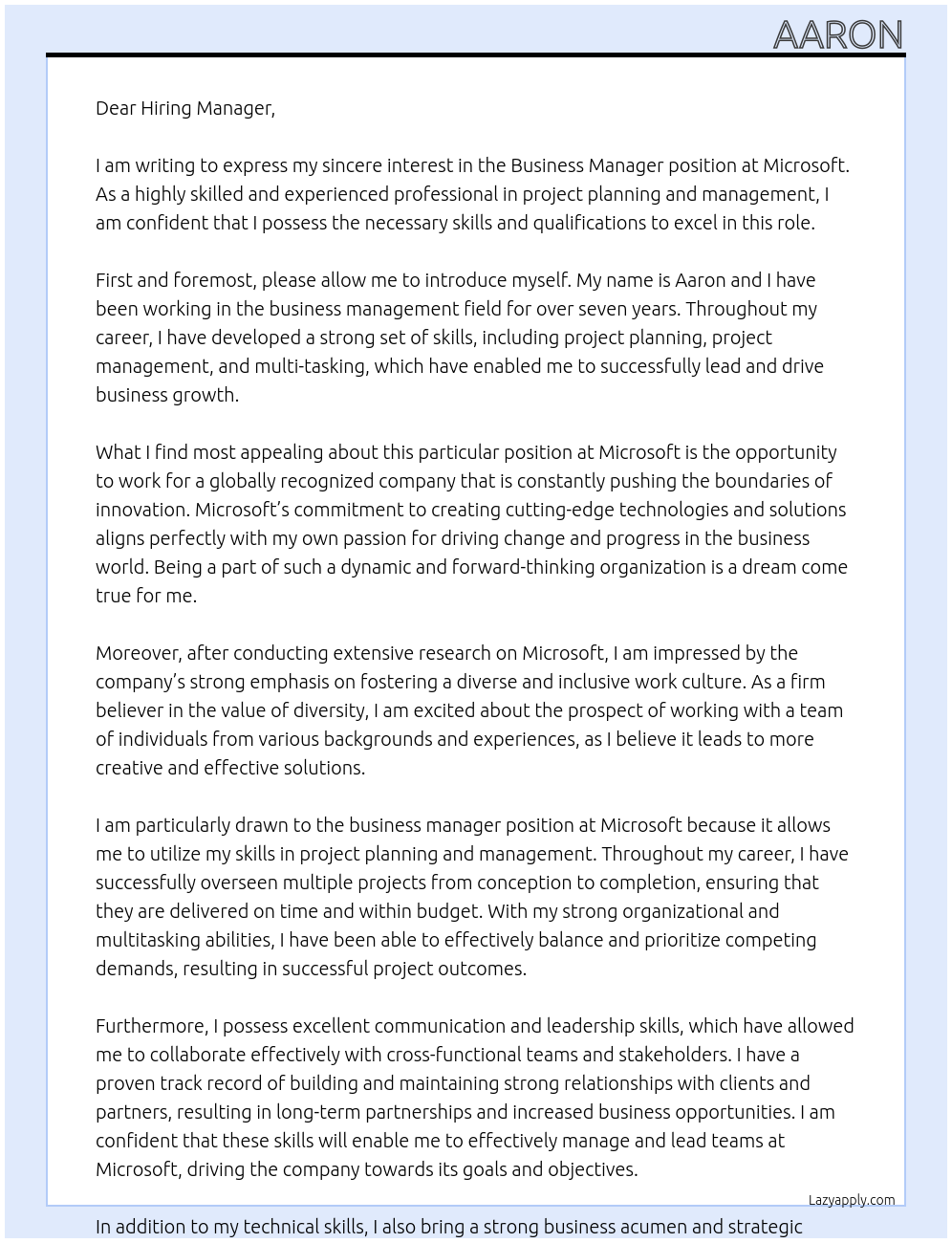 Business Manager At Microsoft Cover Letter