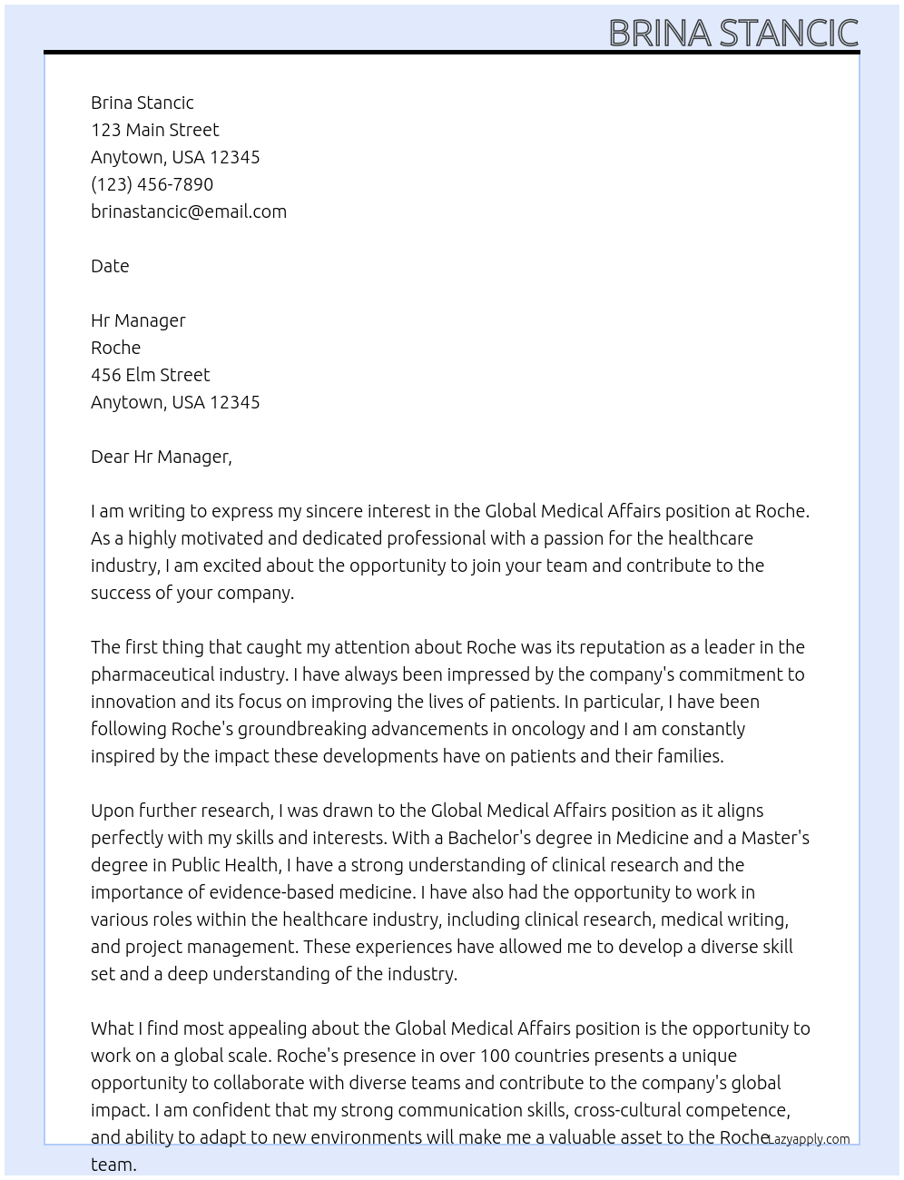 Global Medical Affairs At Roche Cover Letter