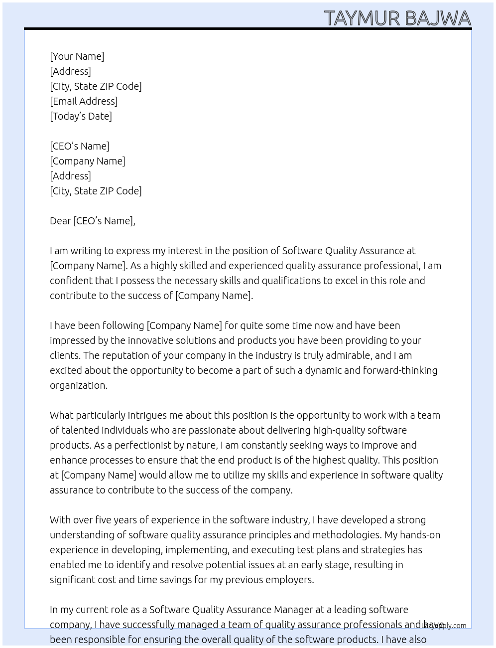 Software Quality Assurance At Reiz tech Cover Letter