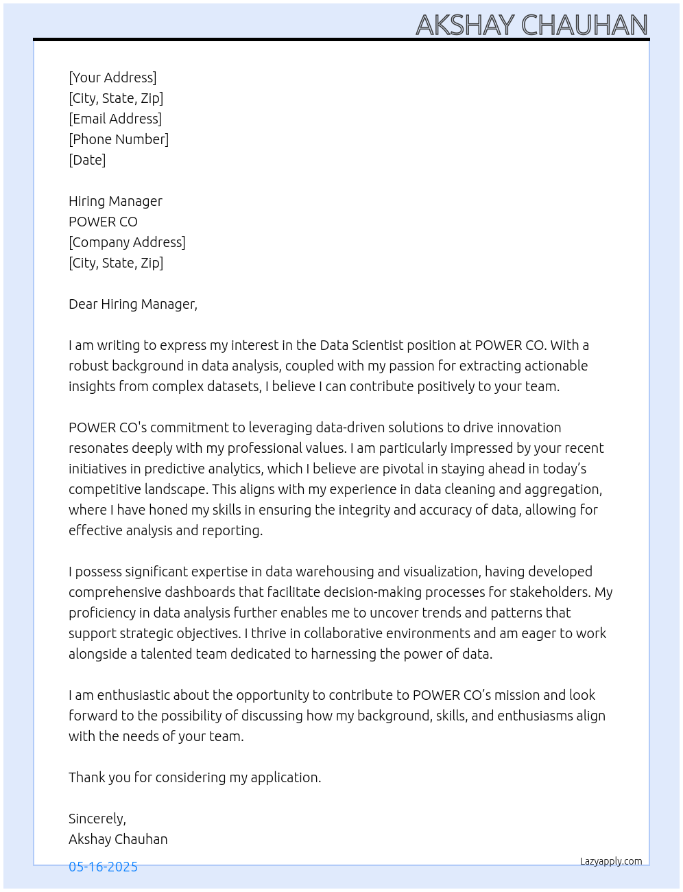 Data Scientist At POWER CO Cover Letter