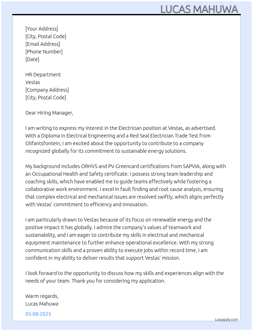 Electrician At Vestas Cover Letter