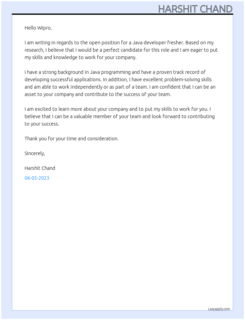 java developer fresher At Wipro Cover Letter