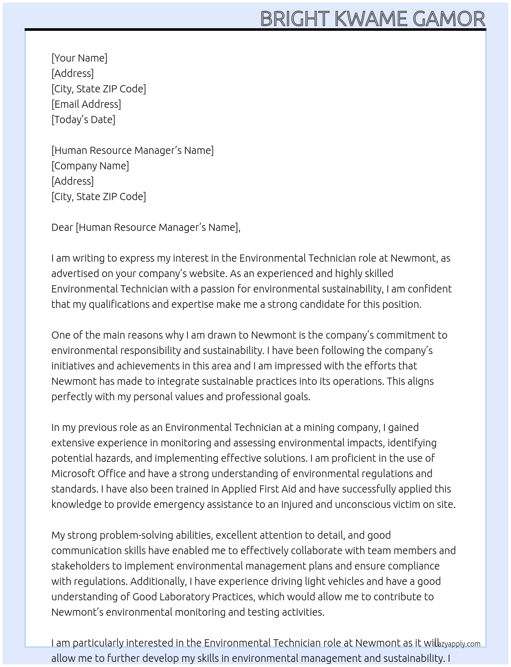 Cover letter for environmental technician - LazyApply