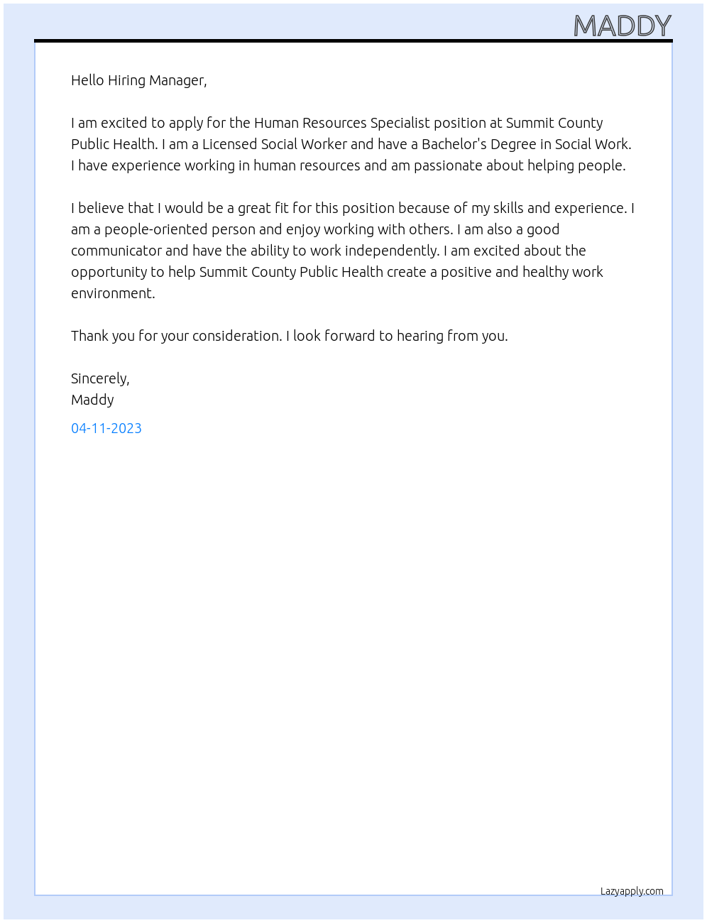 Human Resources Specialist At Summit County Public Health Cover Letter