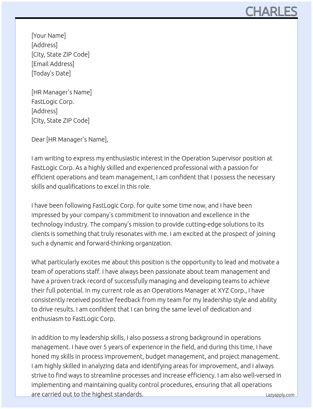 Operation Supervisor At FastLogic Corp. Cover Letter