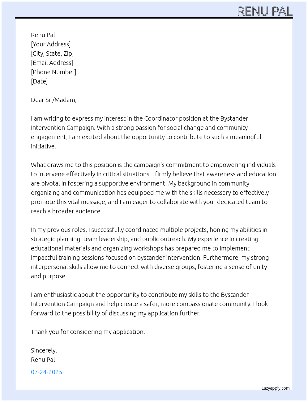 Cover letter for coordinator - LazyApply