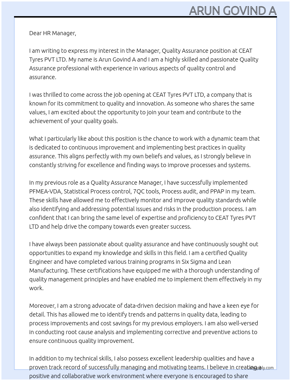 Manager, Quality Assurance At CEAT Tyres PVT LTD. Cover Letter